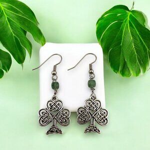 Silver Celtic Knot Earrings Green Aventurine Faceted Cube Gemstone